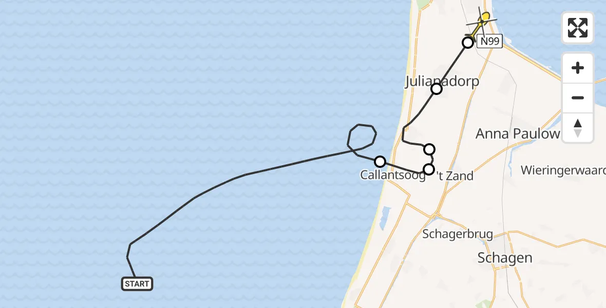 Routekaart van de vlucht: Kustwachthelikopter naar Vliegveld De Kooy