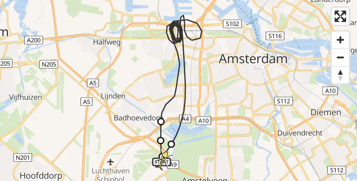 Routekaart van de vlucht: Politieheli naar Schiphol