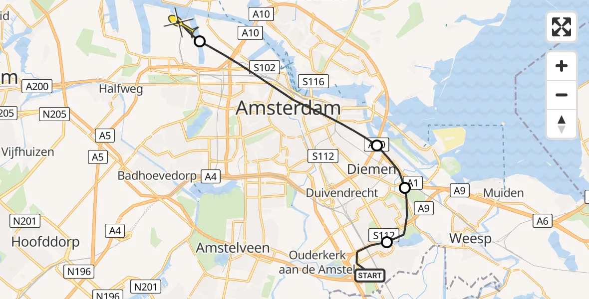 Routekaart van de vlucht: Lifeliner 1 naar Amsterdam Heliport