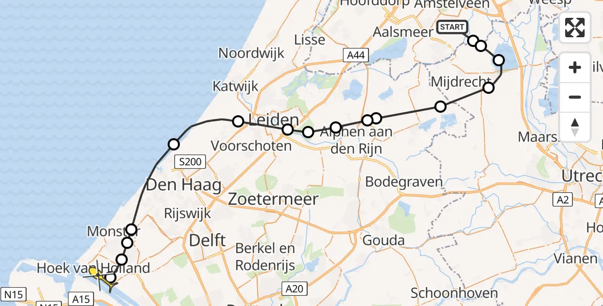 Routekaart van de vlucht: Politieheli naar Hoek van Holland