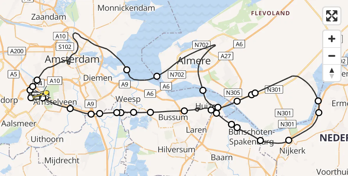 Routekaart van de vlucht: Politieheli naar Schiphol