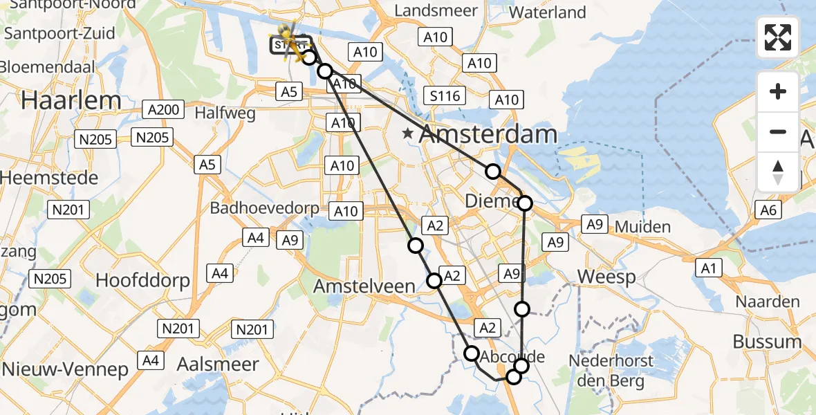Vluchtroute Traumahelikopter Amsterdam Heliport - Amsterdam Heliport, 18 januari 2024, 13:34