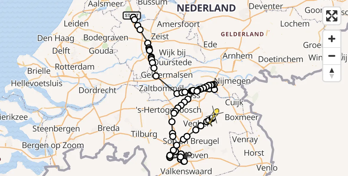 Routekaart van de vlucht: Politieheli naar Vliegbasis Volkel