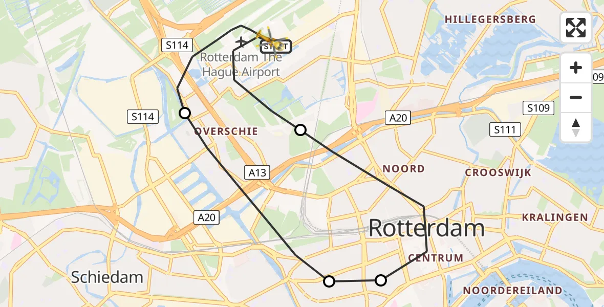 Vluchtroute Traumahelikopter Rotterdam The Hague Airport - Rotterdam The Hague Airport, 18 januari 2024, 17:55