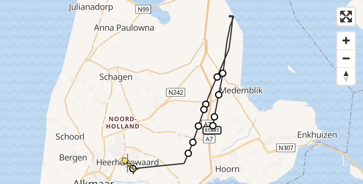 Routekaart van de vlucht: Politiehelikopter naar Heerhugowaard