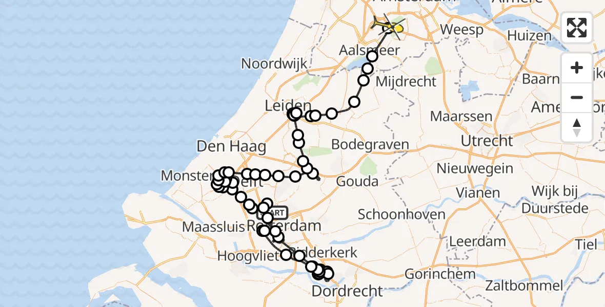 Routekaart van de vlucht: Politieheli naar Schiphol