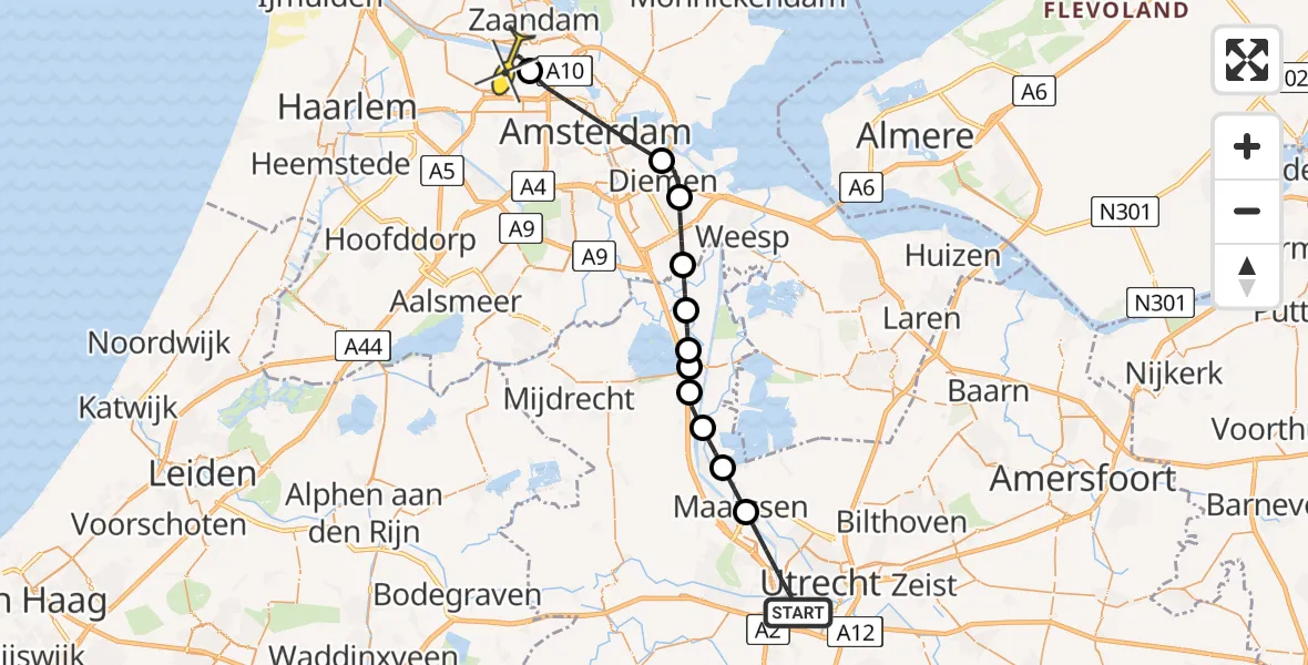 Routekaart van de vlucht: Lifeliner 1 naar Amsterdam Heliport