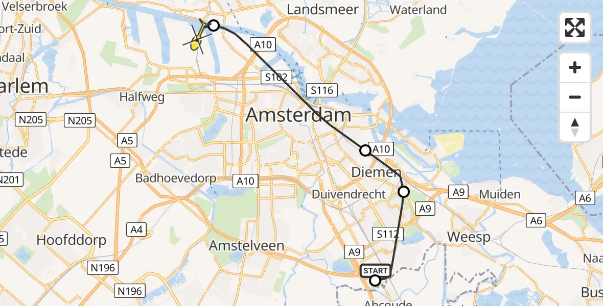 Routekaart van de vlucht: Lifeliner 1 naar Amsterdam Heliport