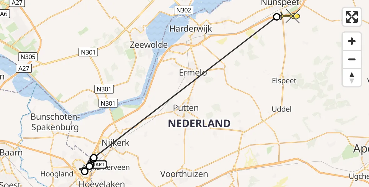 Routekaart van de vlucht: Politieheli naar Nunspeet