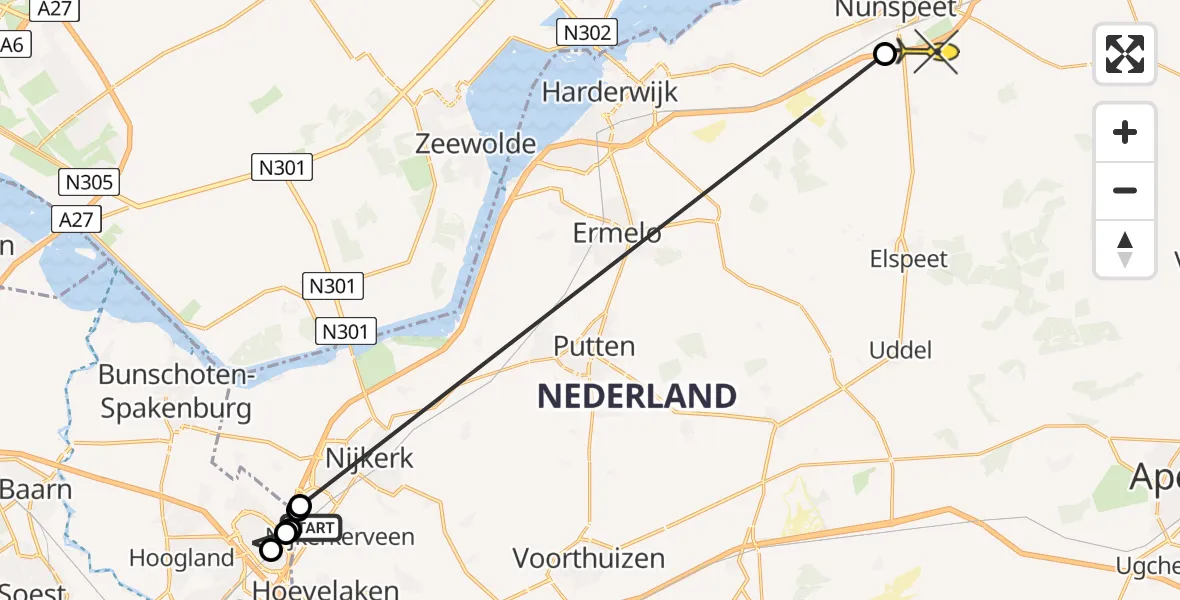 Routekaart van de vlucht: Politiehelikopter naar Nunspeet