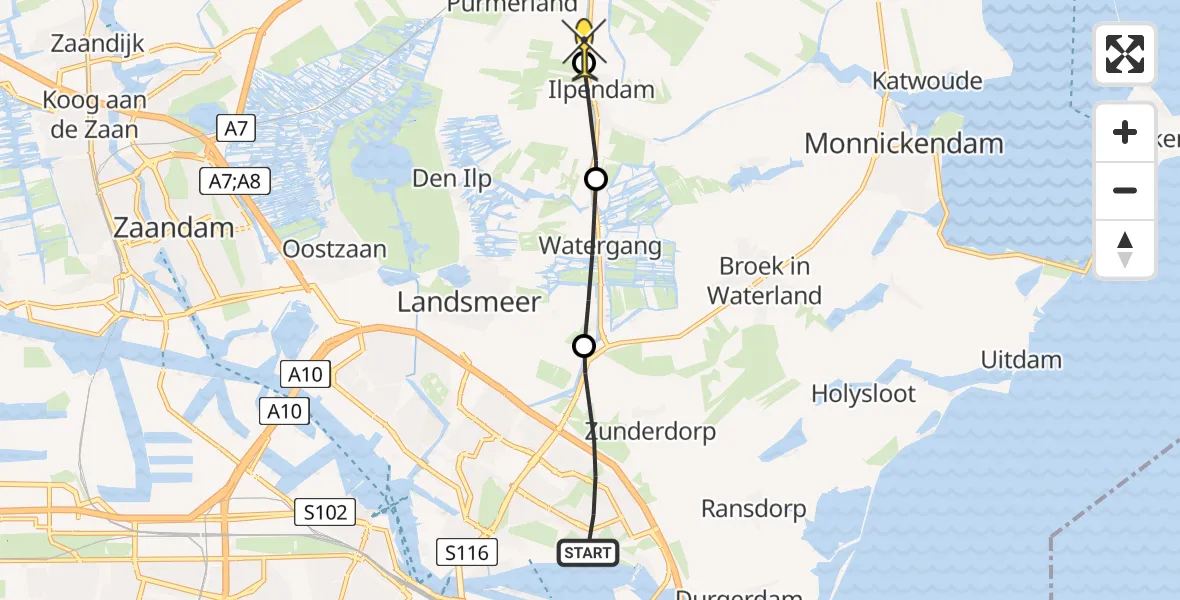 Routekaart van de vlucht: Politiehelikopter naar Landsmeer