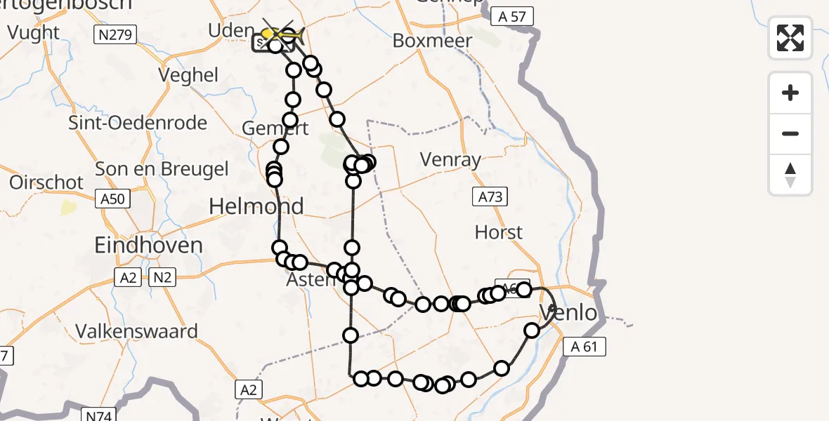 Routekaart van de vlucht: Politieheli naar Vliegbasis Volkel