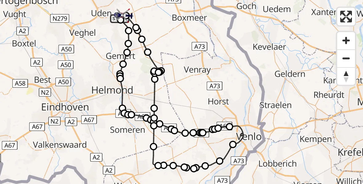 Vluchtroute Politiehelikopter van Vliegbasis Volkel naar Vliegbasis Volkel