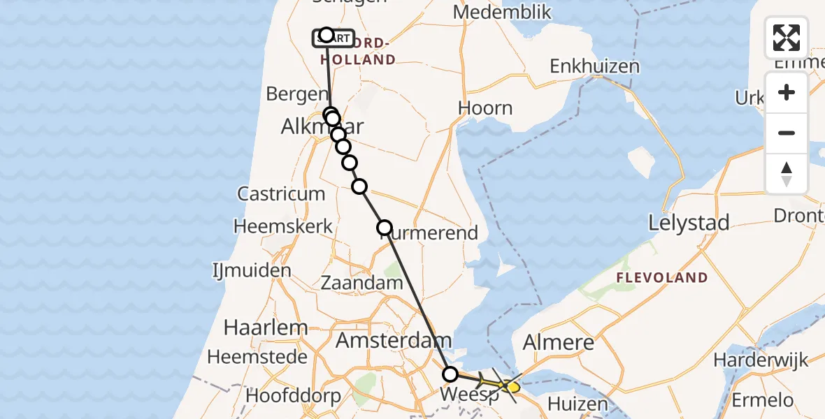 Routekaart van de vlucht: Politieheli naar Muiderberg