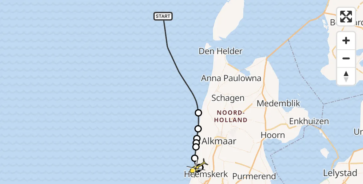 Routekaart van de vlucht: Kustwachthelikopter naar Castricum