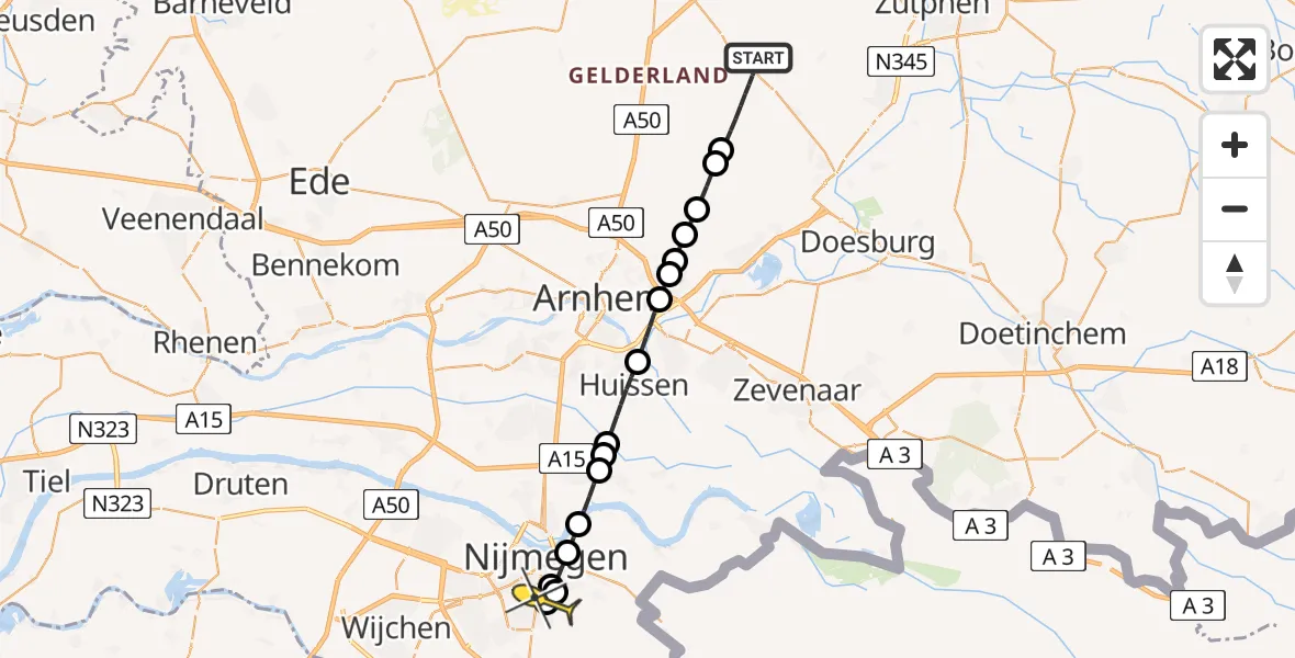 Routekaart van de vlucht: Lifeliner 3 naar Radboud Universitair Medisch Centrum