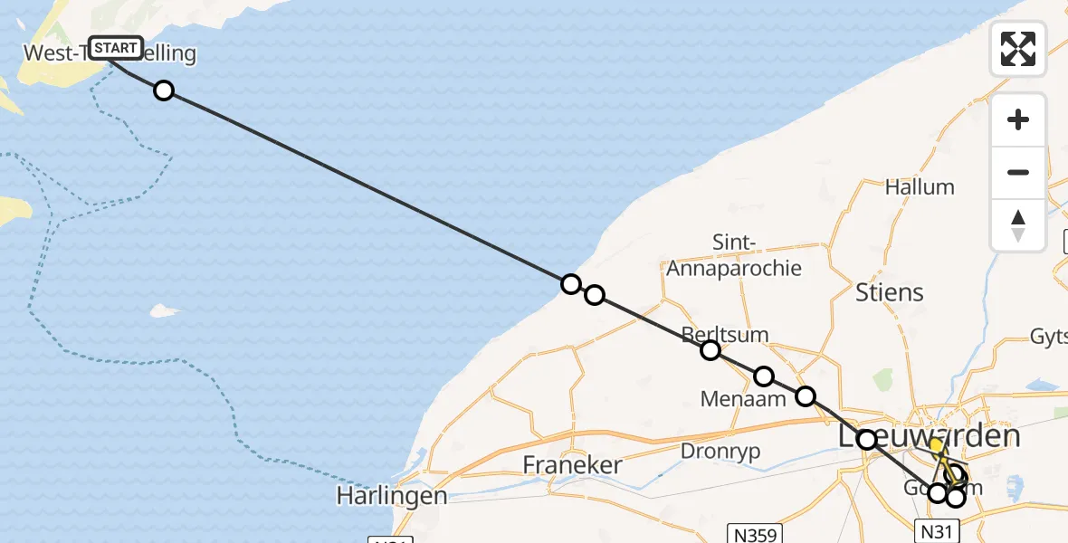 Routekaart van de vlucht: Lifeliner 4 naar Leeuwarden