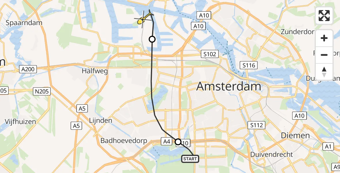 Routekaart van de vlucht: Lifeliner 1 naar Amsterdam Heliport