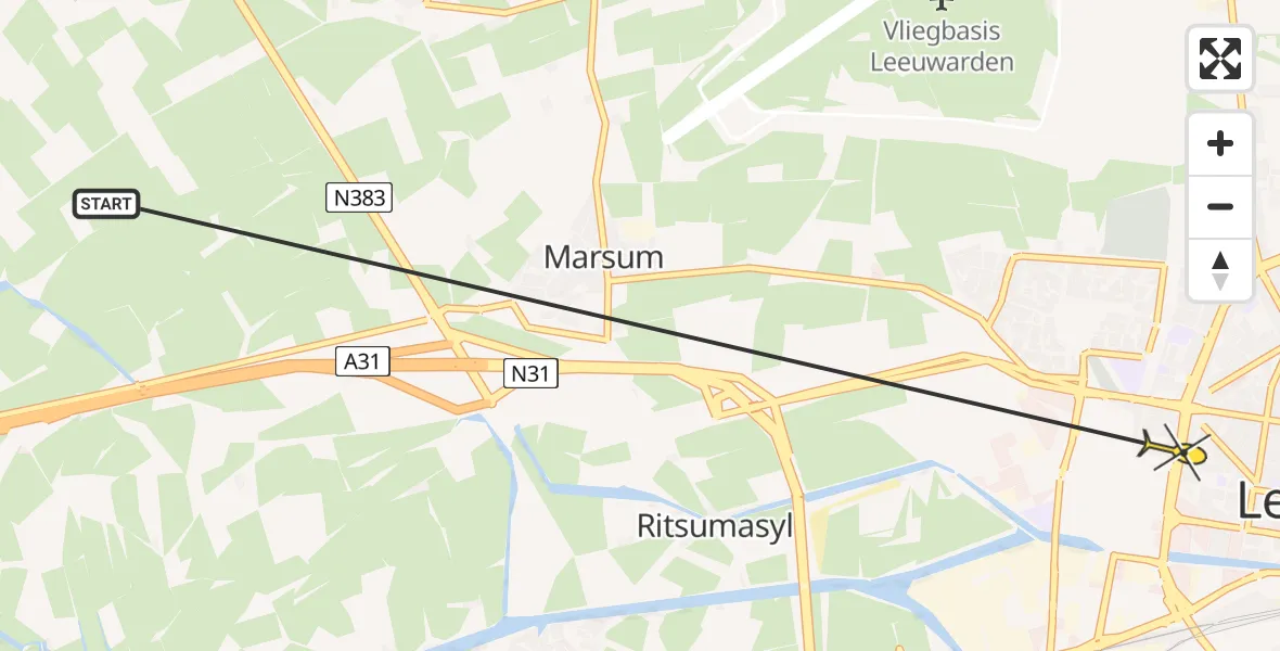 Routekaart van de vlucht: Ambulancehelikopter naar Leeuwarden