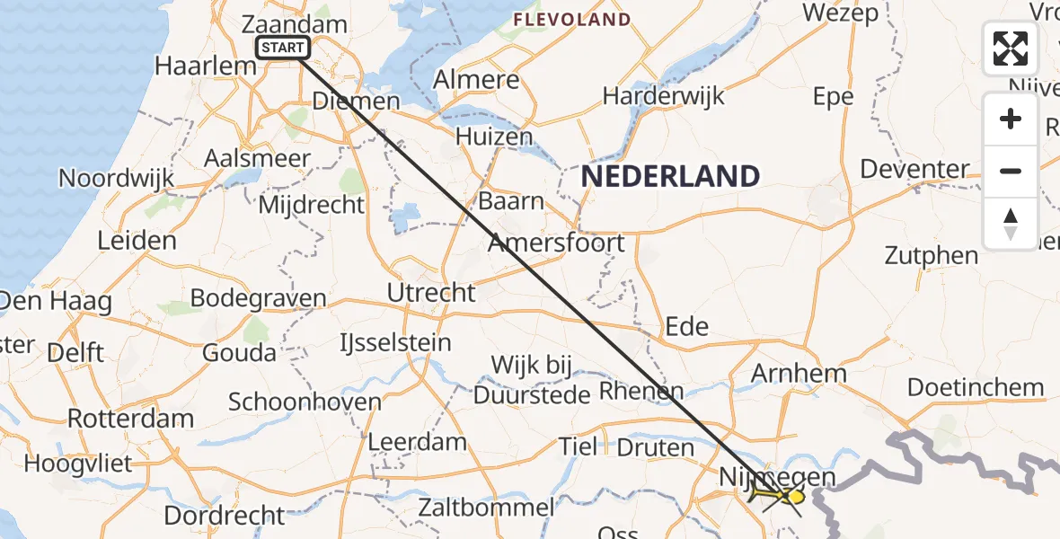 Vluchtroute Traumahelikopter van Amsterdam Heliport naar Radboud Universitair Medisch Centrum