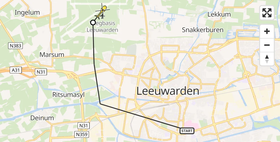 Vluchtroute Ambulancehelikopter van Leeuwarden naar Vliegbasis Leeuwarden