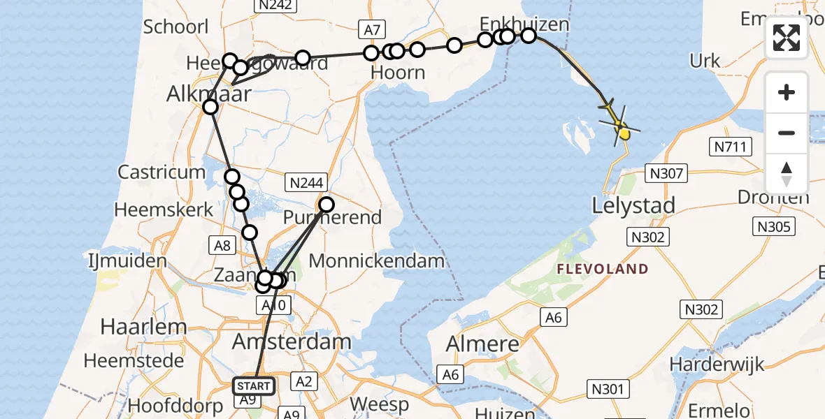 Routekaart van de vlucht: Politieheli naar Lelystad