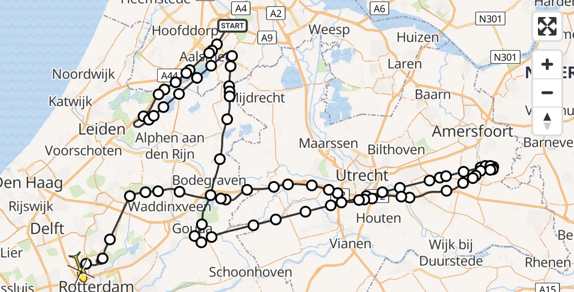 Routekaart van de vlucht: Politieheli naar Rotterdam The Hague Airport