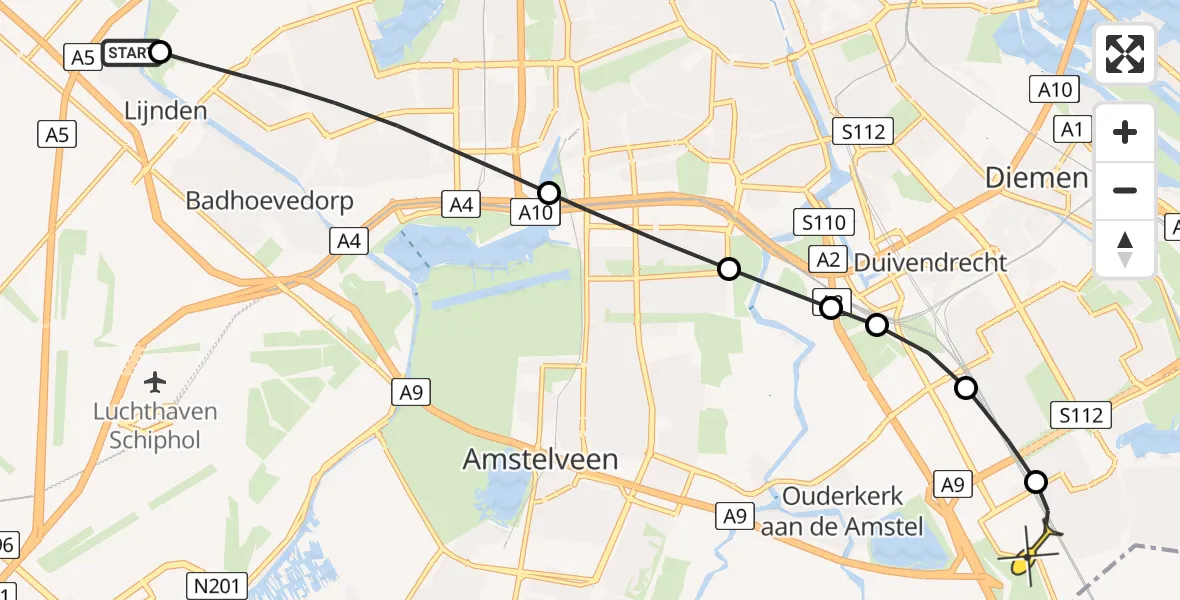 Routekaart van de vlucht: Lifeliner 1 naar Academisch Medisch Centrum (AMC)