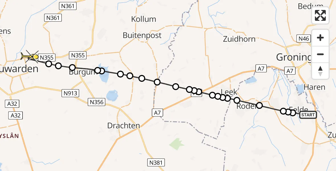 Routekaart van de vlucht: Lifeliner 4 naar Leeuwarden