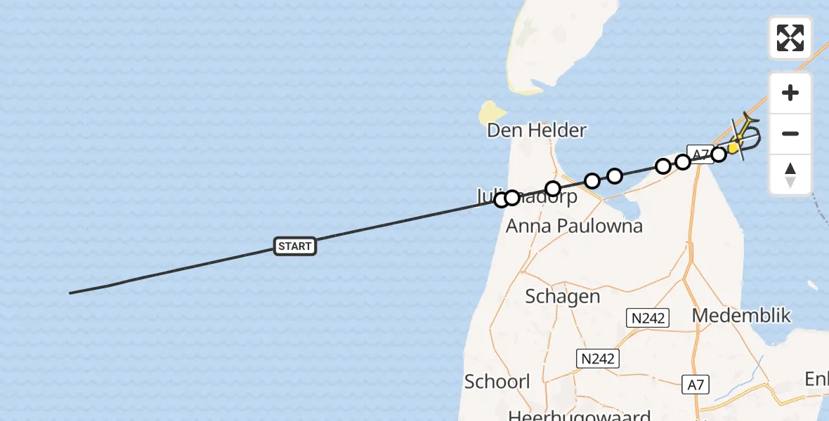 Routekaart van de vlucht: Kustwachthelikopter naar Wieringerwerf