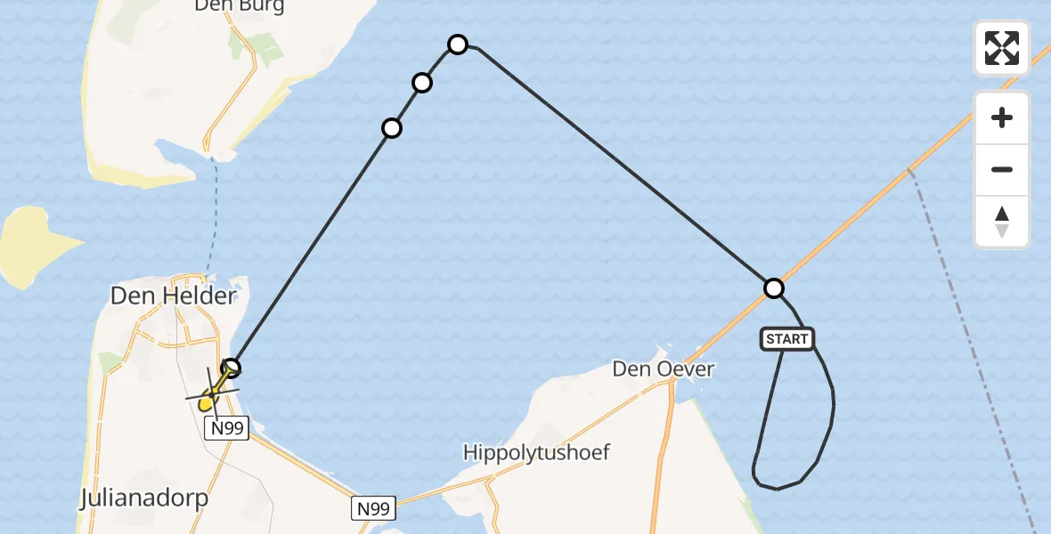 Routekaart van de vlucht: Kustwachthelikopter naar Vliegveld De Kooy