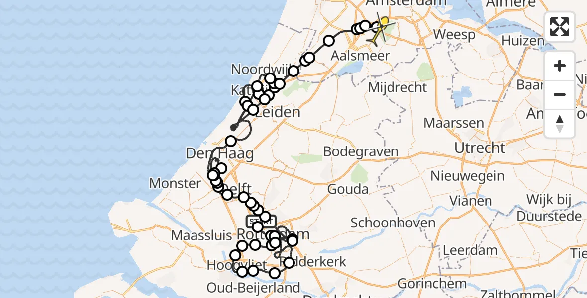 Routekaart van de vlucht: Politieheli naar Schiphol