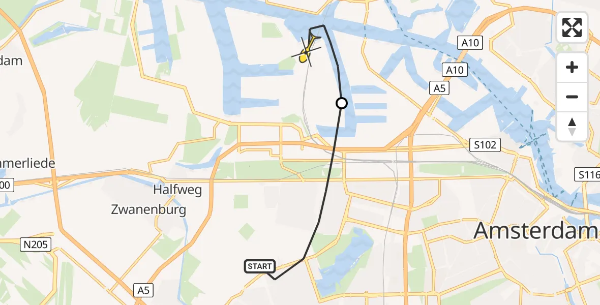 Routekaart van de vlucht: Lifeliner 1 naar Amsterdam Heliport