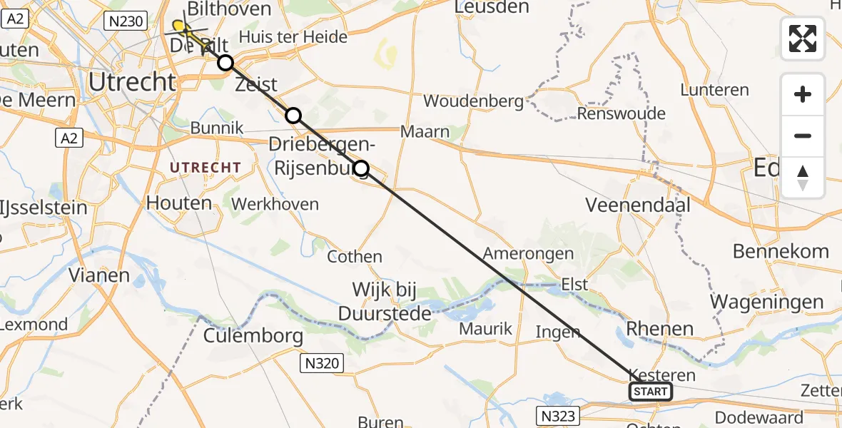 Routekaart van de vlucht: Politiehelikopter naar De Bilt