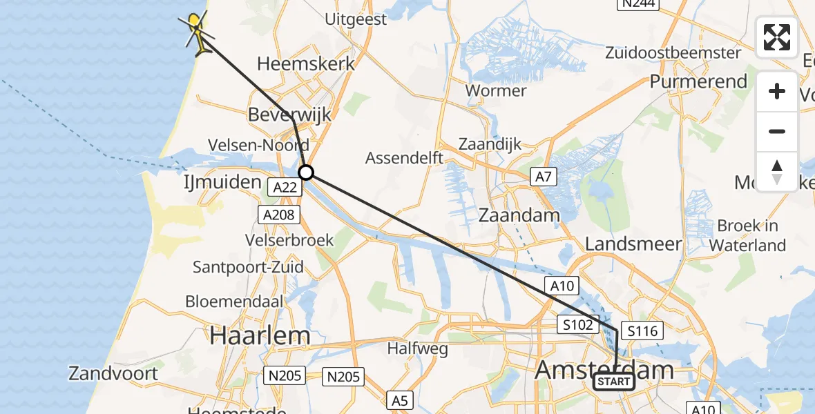 Routekaart van de vlucht: Politiehelikopter naar Heemskerk