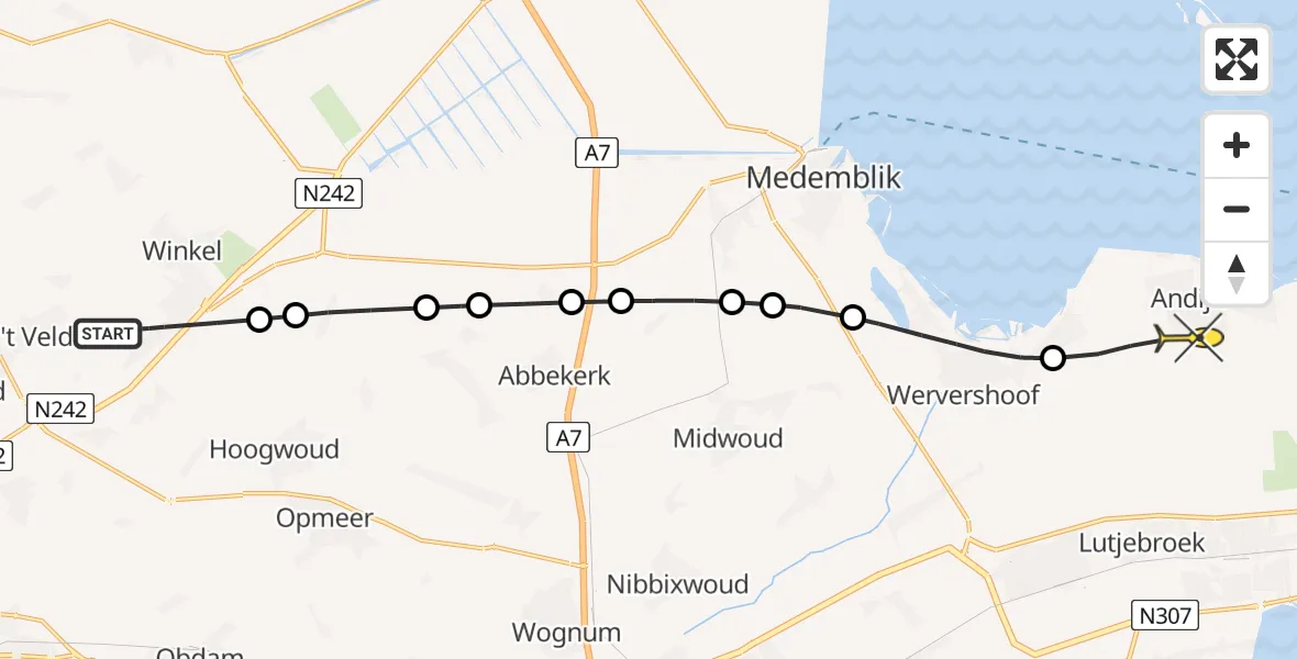 Routekaart van de vlucht: Politieheli naar Andijk