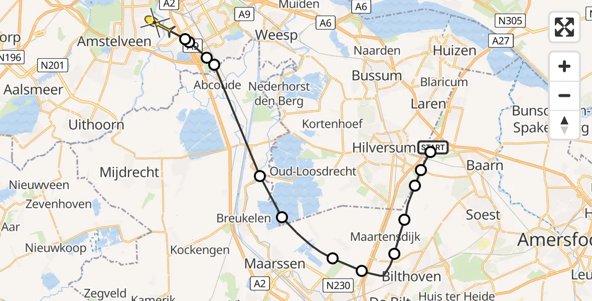 Routekaart van de vlucht: Politieheli naar Amstelveen