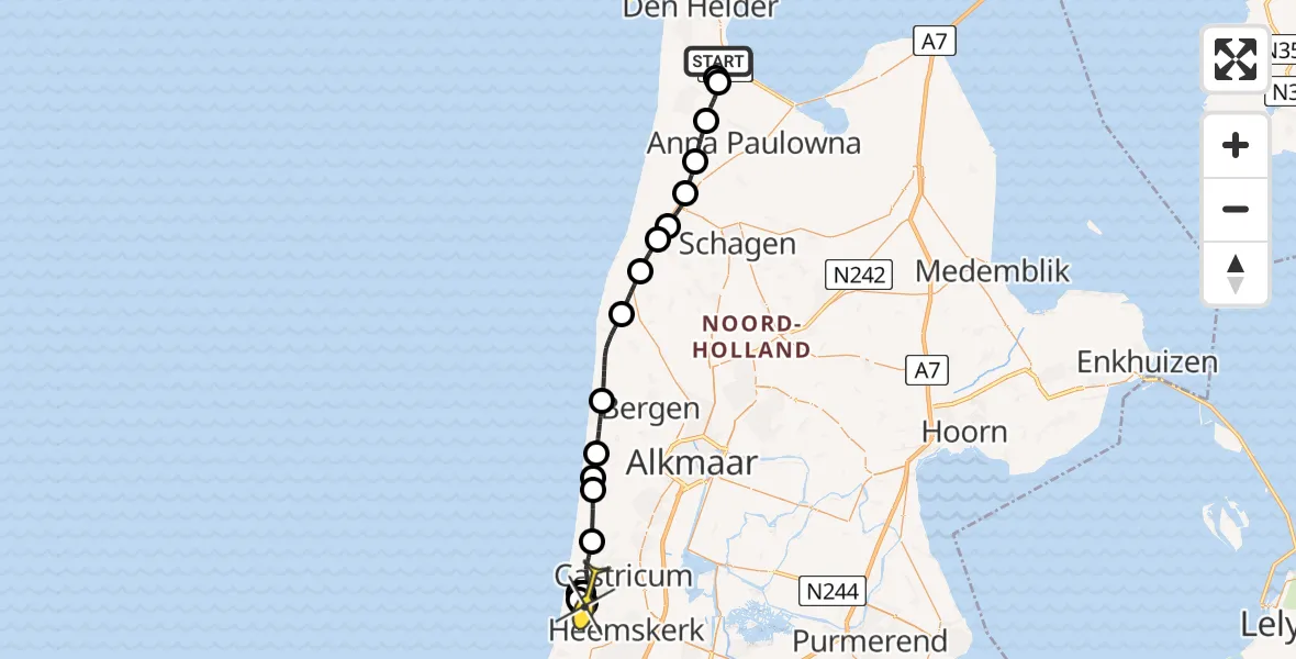 Routekaart van de vlucht: Kustwachthelikopter naar Castricum