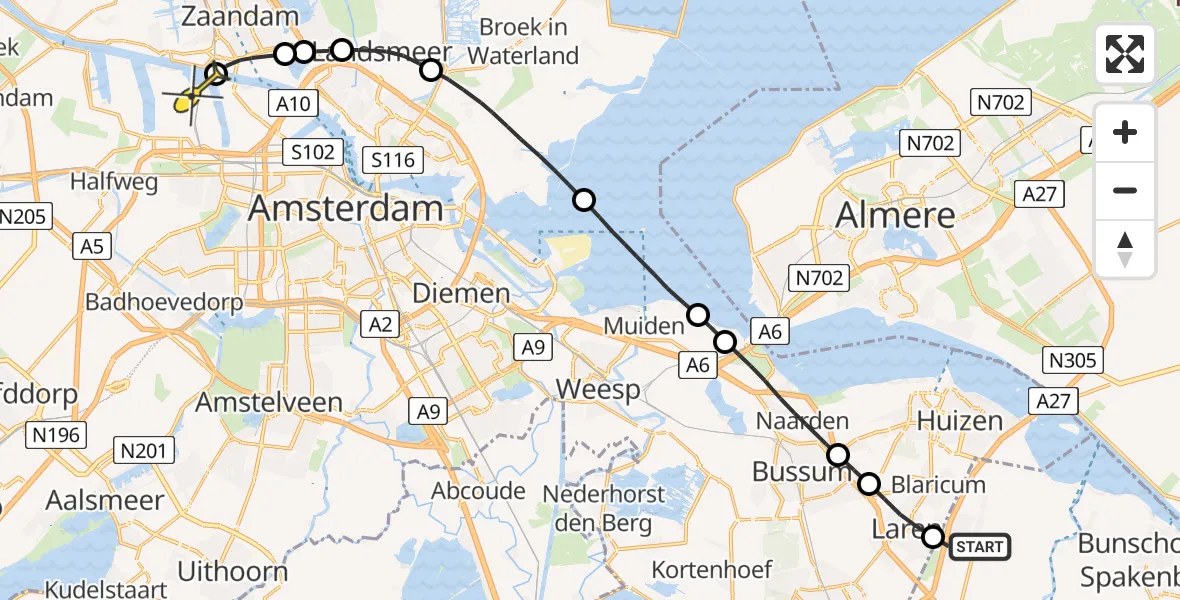 Routekaart van de vlucht: Lifeliner 1 naar Amsterdam Heliport