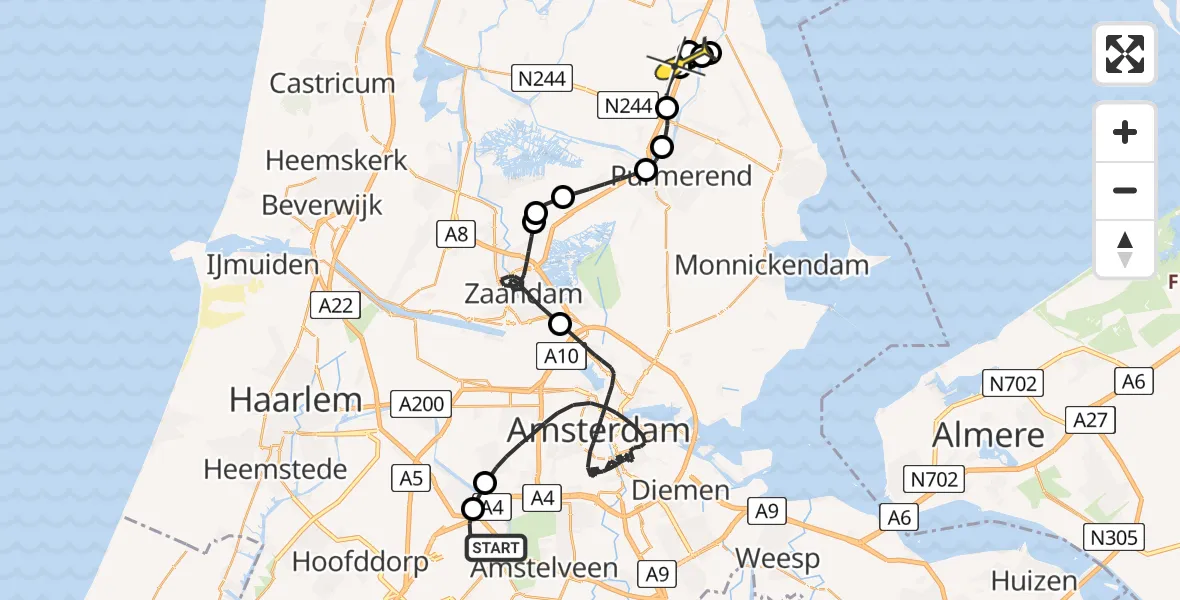 Routekaart van de vlucht: Politieheli naar Zuidoostbeemster
