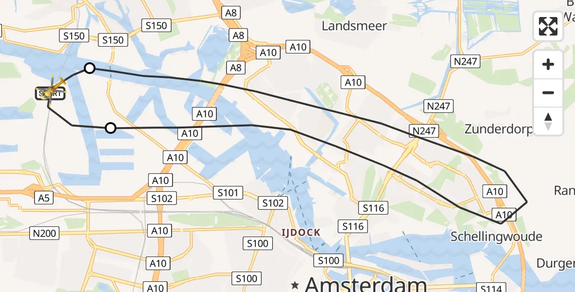 Vluchtroute Traumahelikopter Amsterdam Heliport - Amsterdam Heliport, 22 januari 2024, 09:29