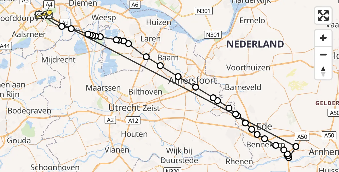 Routekaart van de vlucht: Politieheli naar Schiphol