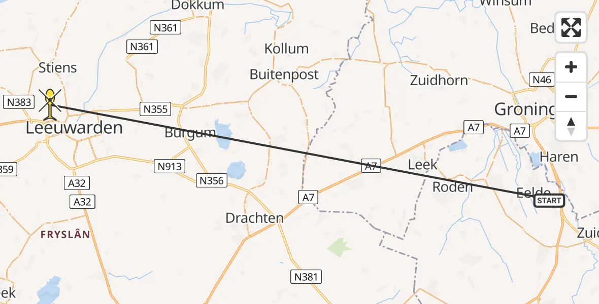 Routekaart van de vlucht: Traumaheli naar Vliegbasis Leeuwarden