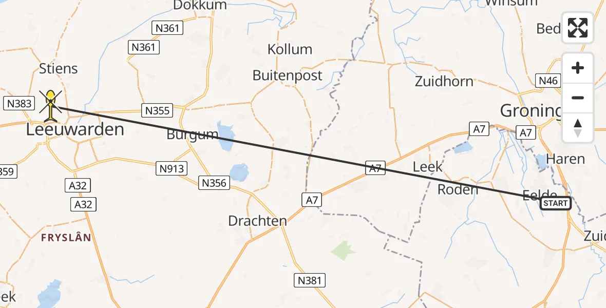 Routekaart van de vlucht: Traumahelikopter naar Vliegbasis Leeuwarden