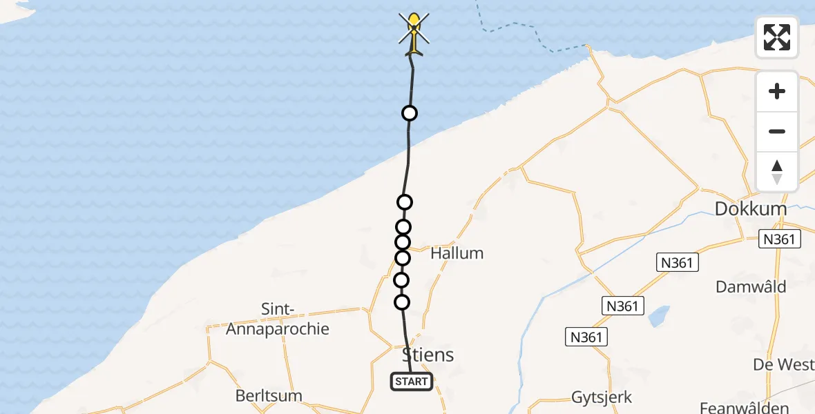 Routekaart van de vlucht: Ambulancehelikopter naar Nes