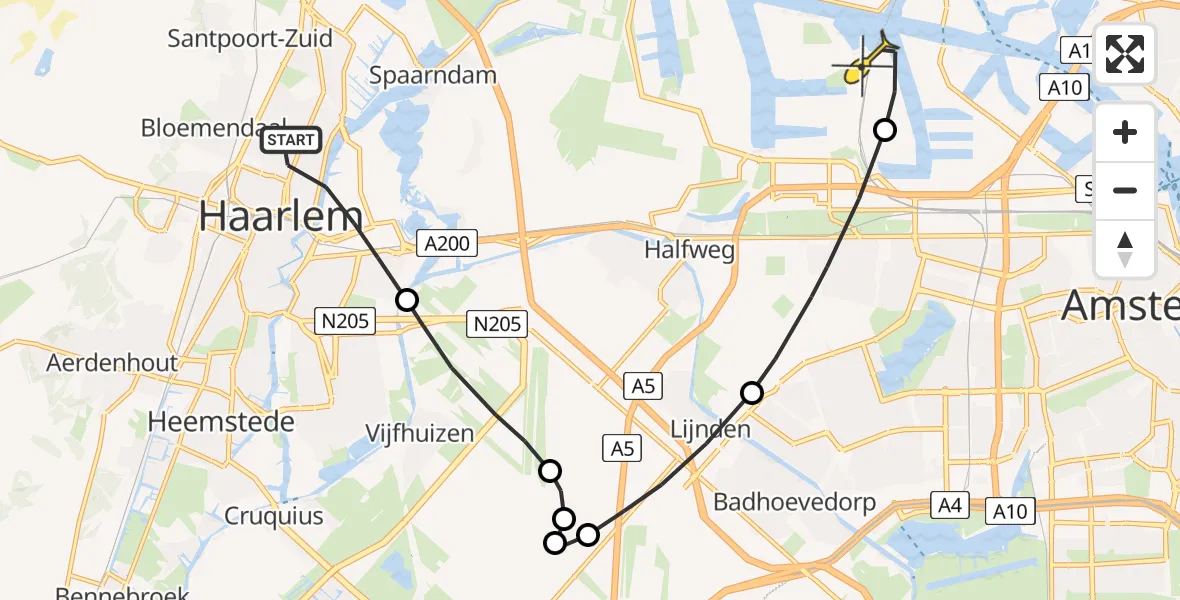 Routekaart van de vlucht: Lifeliner 1 naar Amsterdam Heliport