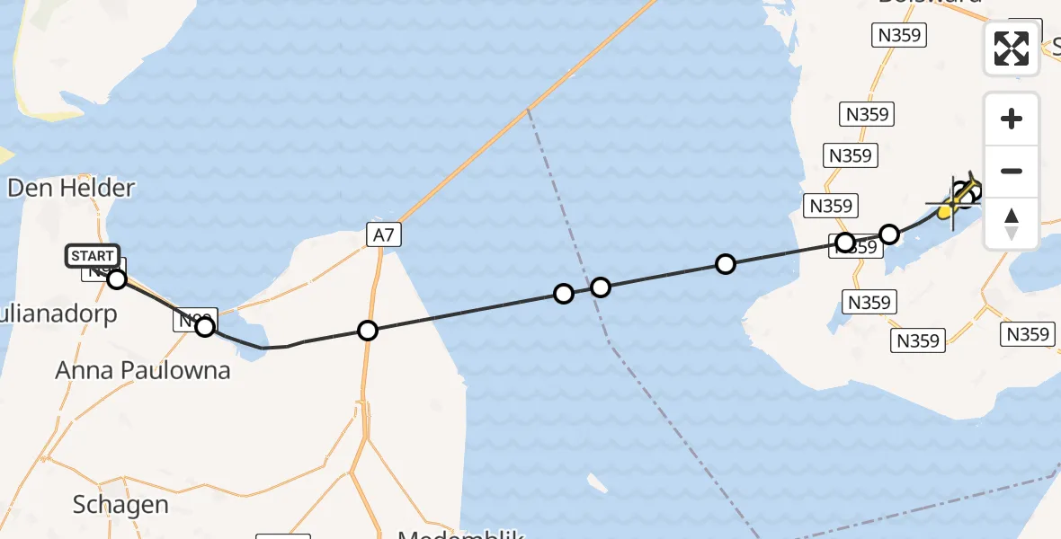 Routekaart van de vlucht: Kustwachthelikopter naar It Heidenskip