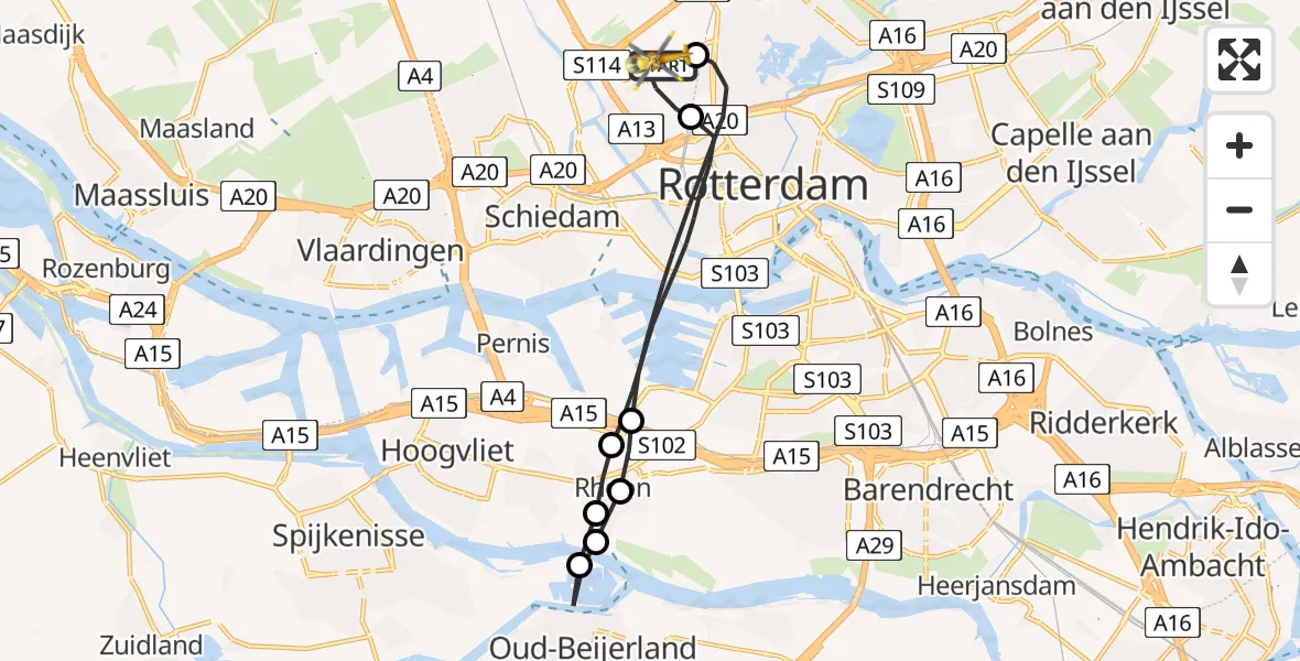 Vluchtroute Traumahelikopter Rotterdam The Hague Airport - Rotterdam The Hague Airport, 22 januari 2024, 13:17