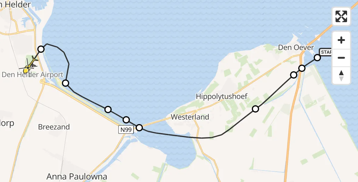 Routekaart van de vlucht: Kustwachthelikopter naar Vliegveld De Kooy