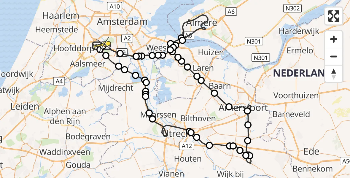 Routekaart van de vlucht: Politieheli naar Schiphol